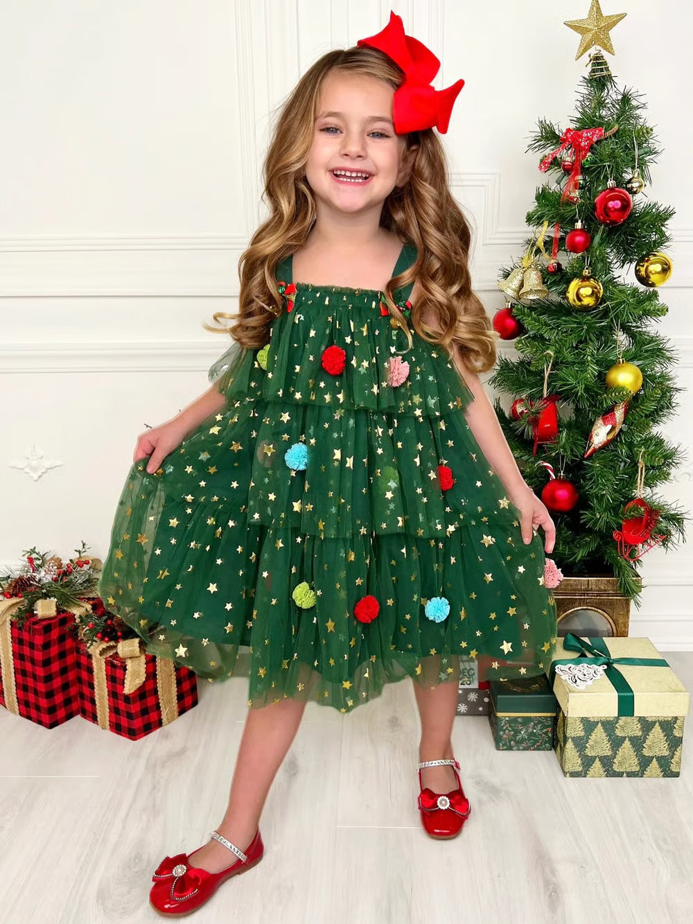 🎅 Early Christmas Sale 🎅🎄 Christmas Starry Tulle Dress in Dreamy Green – With Bonus Red Hair Clip