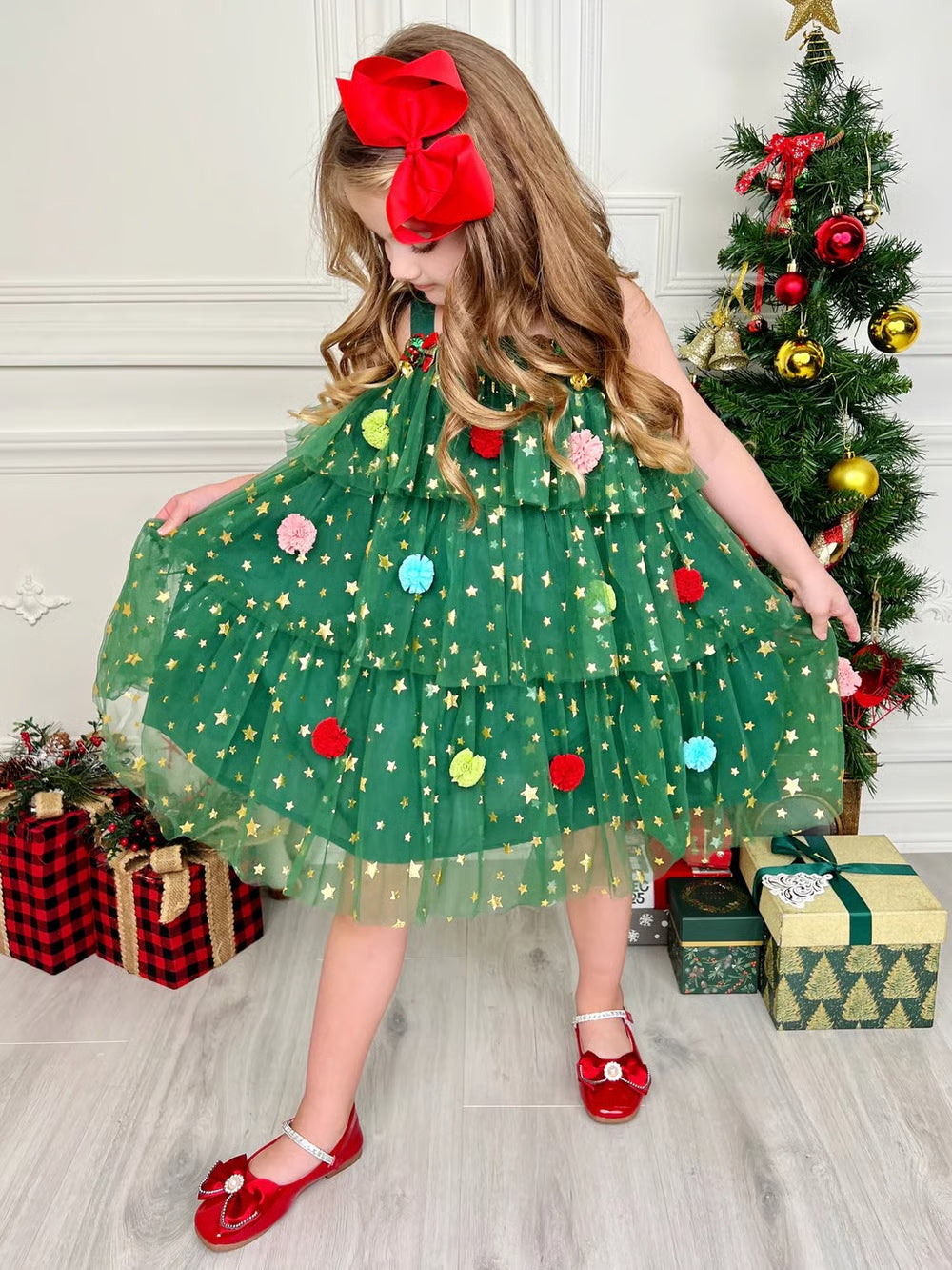 🎅 Early Christmas Sale 🎅🎄 Christmas Starry Tulle Dress in Dreamy Green – With Bonus Red Hair Clip