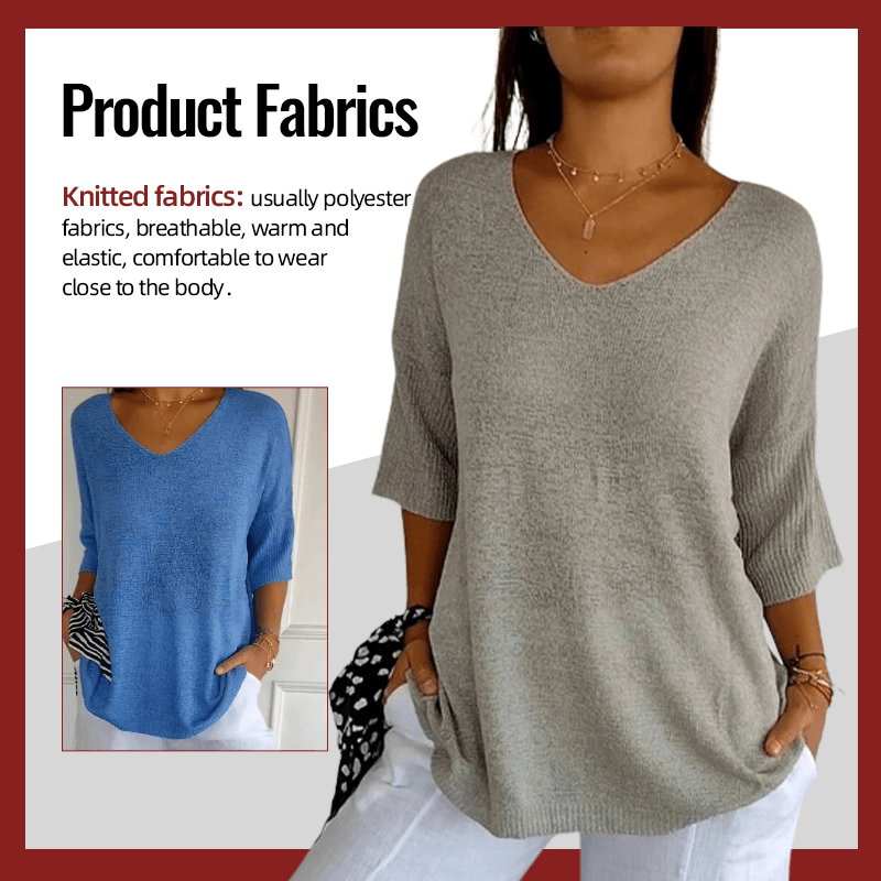 Chroma Chic™ Einfarbiges Stricktop mit V-Ausschnitt