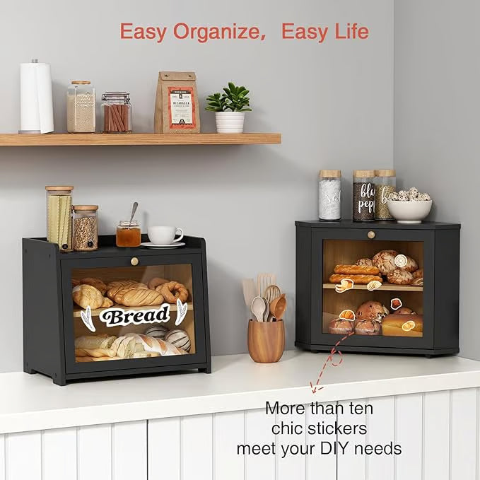 Corner Bread Box for Kitchen Countertop, Black Bread Storage Container for Homemade Bread, Two Layer Breadbox under Cabinet Mount, Large Bread Holder for Kitchen Counter, Panry Shelf