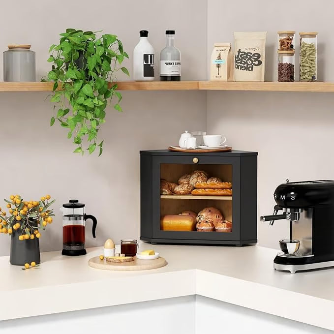 Corner Bread Box for Kitchen Countertop, Black Bread Storage Container for Homemade Bread, Two Layer Breadbox under Cabinet Mount, Large Bread Holder for Kitchen Counter, Panry Shelf