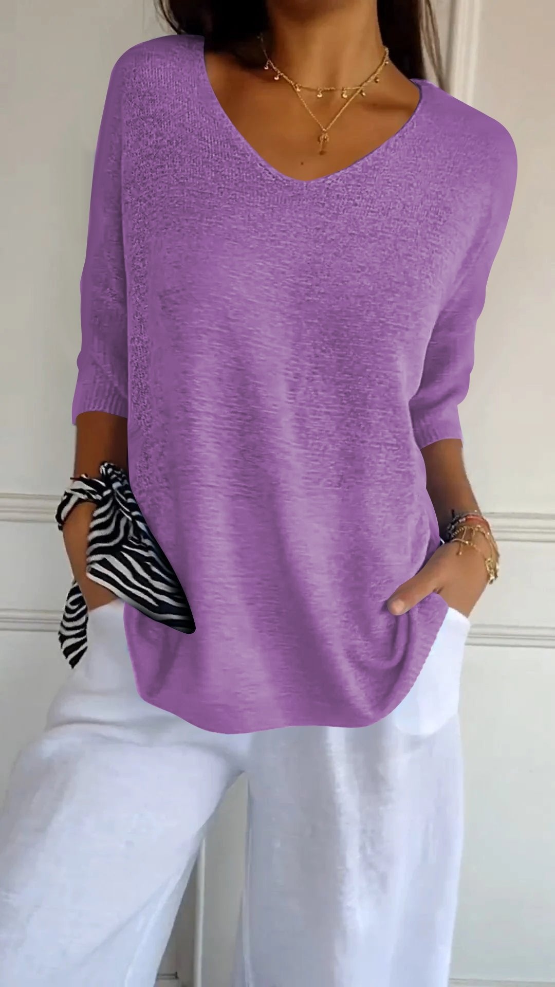 Chroma Chic™ Einfarbiges Stricktop mit V-Ausschnitt