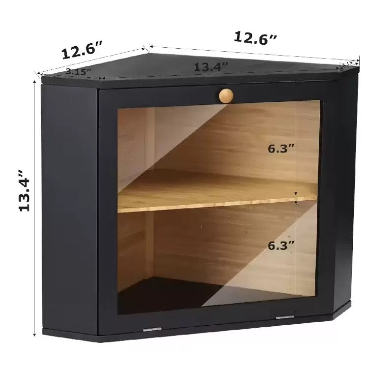 Corner Bread Box for Kitchen Countertop, Black Bread Storage Container for Homemade Bread, Two Layer Breadbox under Cabinet Mount, Large Bread Holder for Kitchen Counter, Panry Shelf