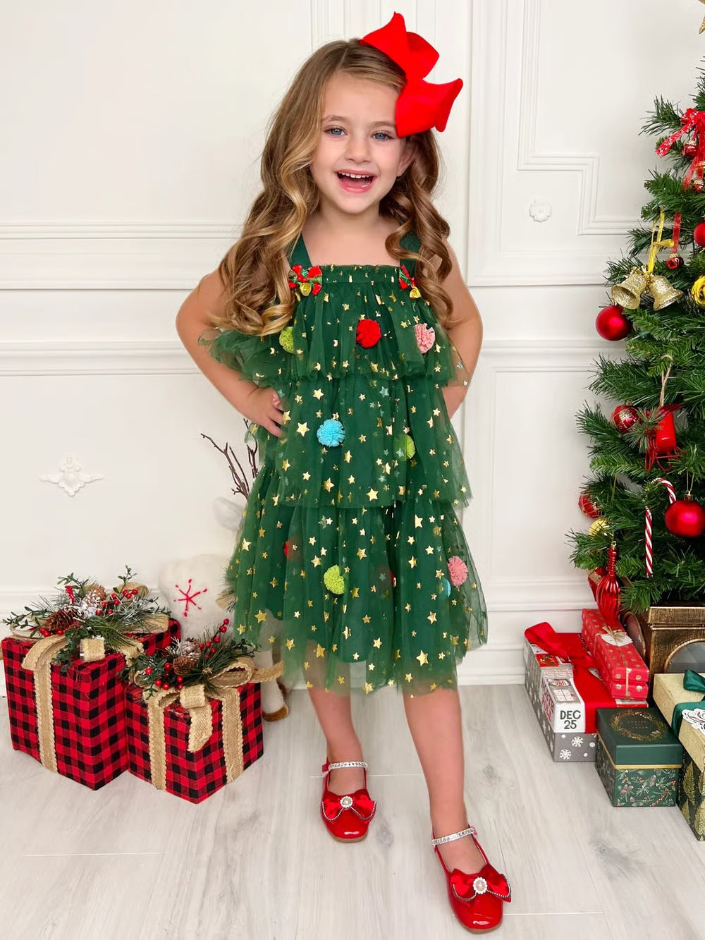🎅 Early Christmas Sale 🎅🎄 Christmas Starry Tulle Dress in Dreamy Green – With Bonus Red Hair Clip