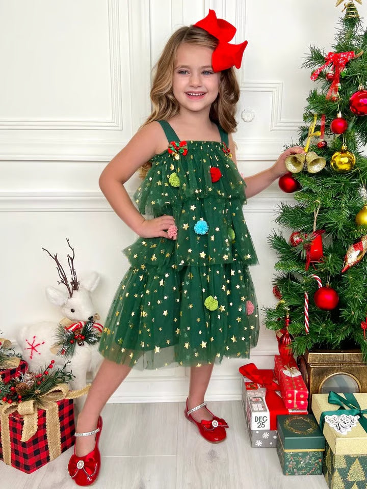 🎅 Early Christmas Sale 🎅🎄 Christmas Starry Tulle Dress in Dreamy Green – With Bonus Red Hair Clip