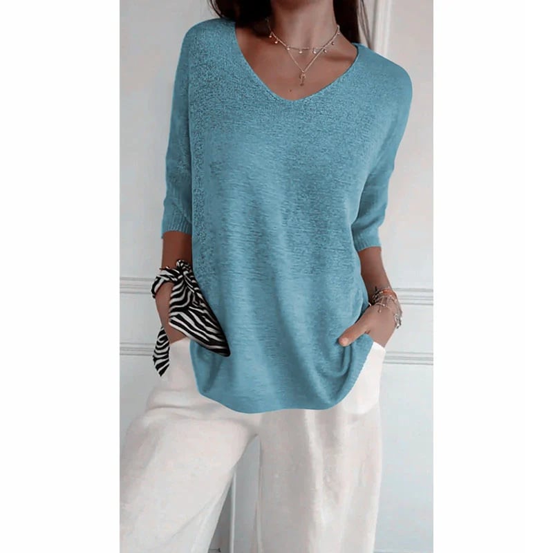 Chroma Chic™ Einfarbiges Stricktop mit V-Ausschnitt
