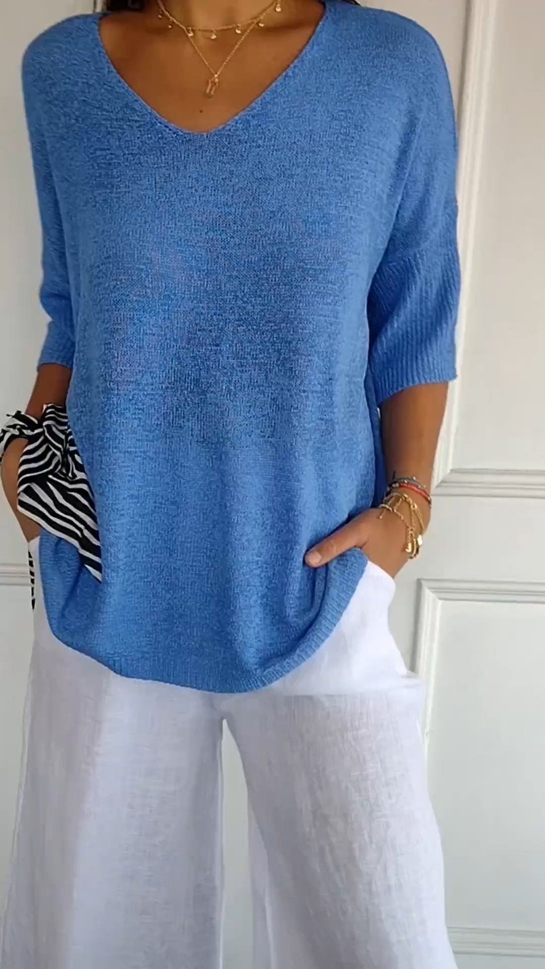 Chroma Chic™ Einfarbiges Stricktop mit V-Ausschnitt