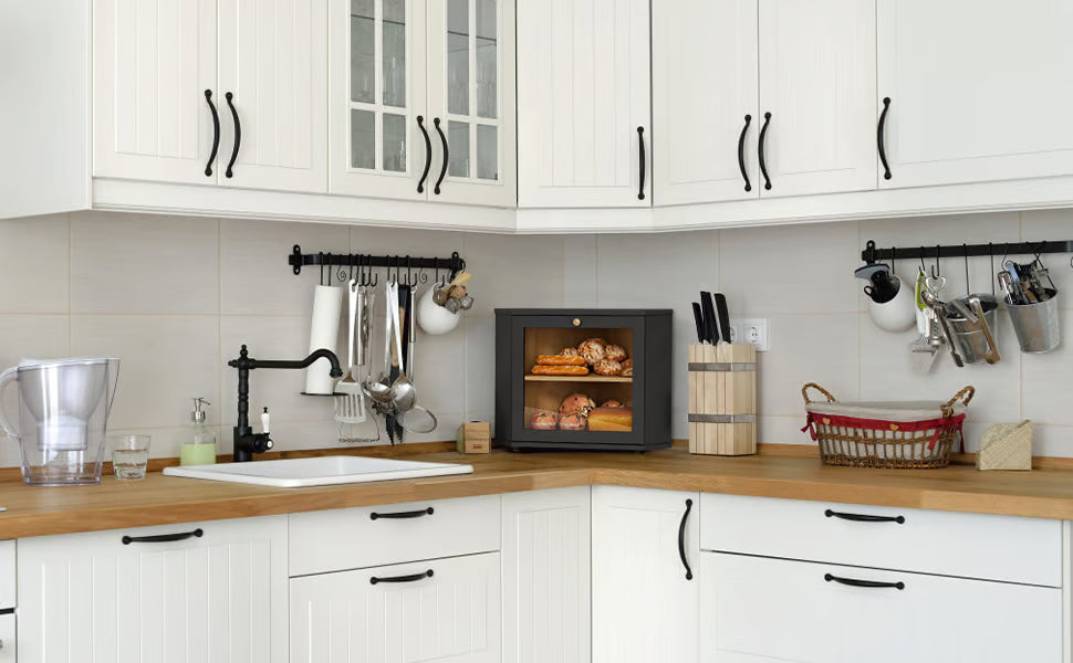 Corner Bread Box for Kitchen Countertop, Black Bread Storage Container for Homemade Bread, Two Layer Breadbox under Cabinet Mount, Large Bread Holder for Kitchen Counter, Panry Shelf