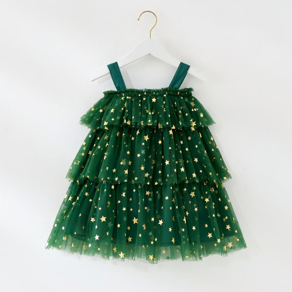 🎅 Early Christmas Sale 🎅🎄 Christmas Starry Tulle Dress in Dreamy Green – With Bonus Red Hair Clip