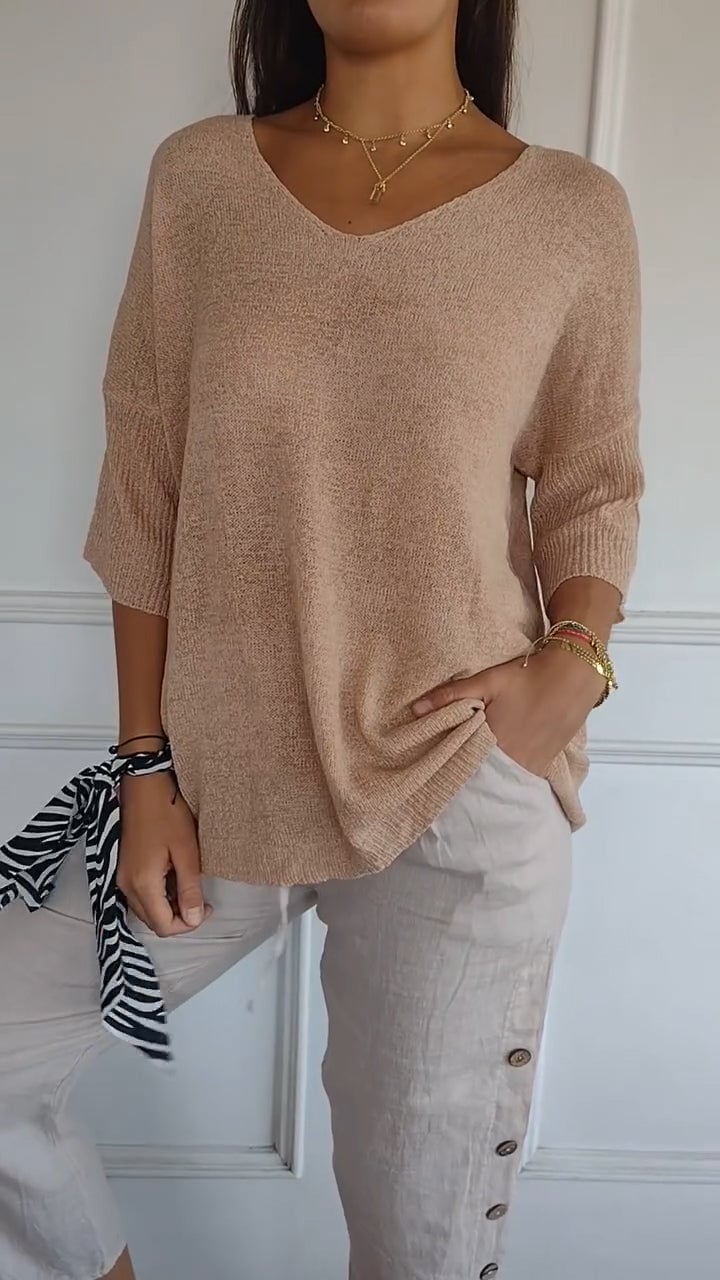 Chroma Chic™ Einfarbiges Stricktop mit V-Ausschnitt