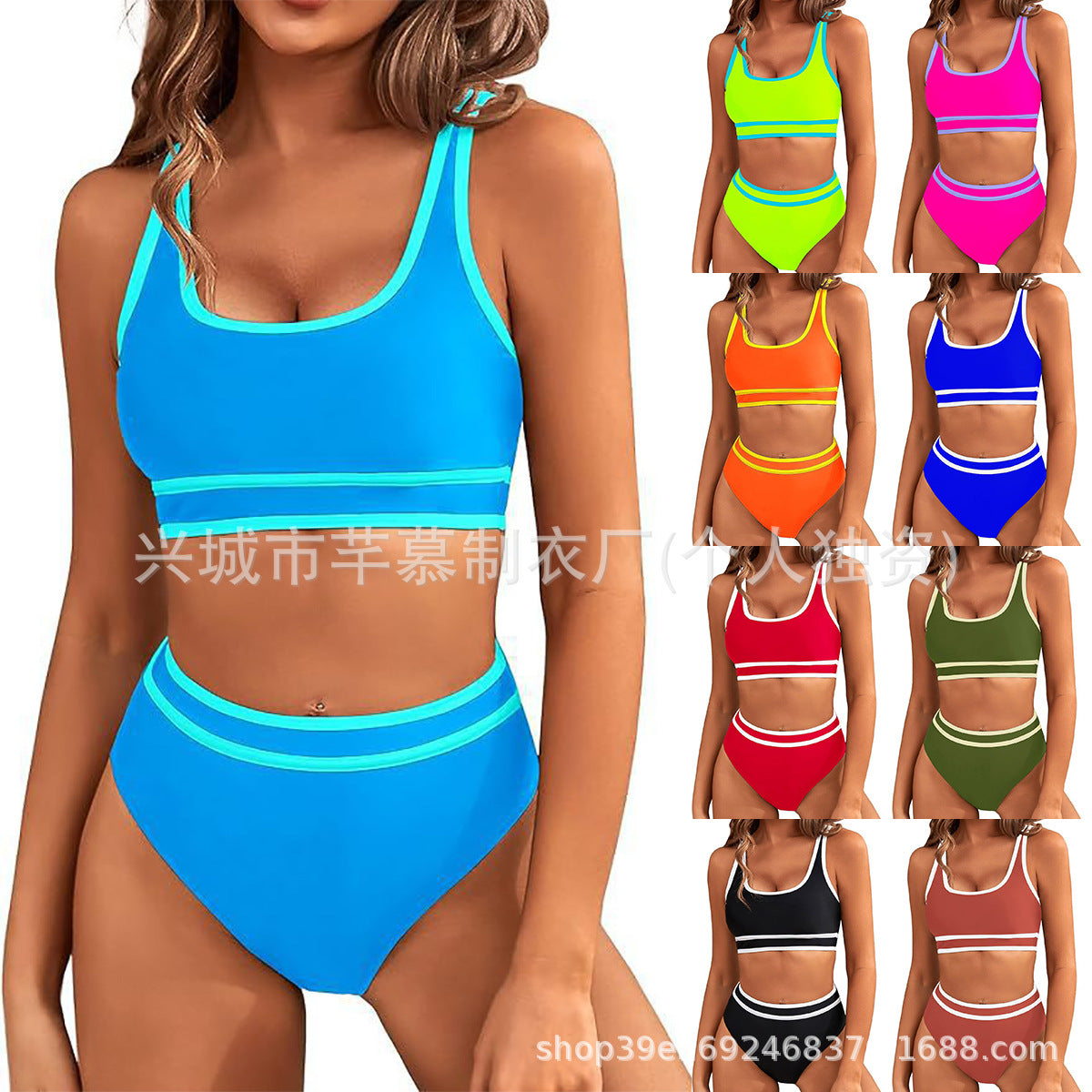 European and American swimsuit women's split bikini tight sexy solid color, bikini tight solid color swimsuit women, women's polyester suit