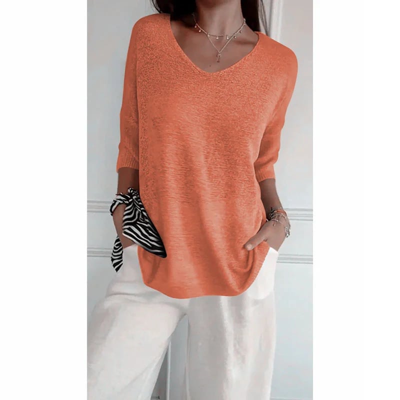 Chroma Chic™ Einfarbiges Stricktop mit V-Ausschnitt