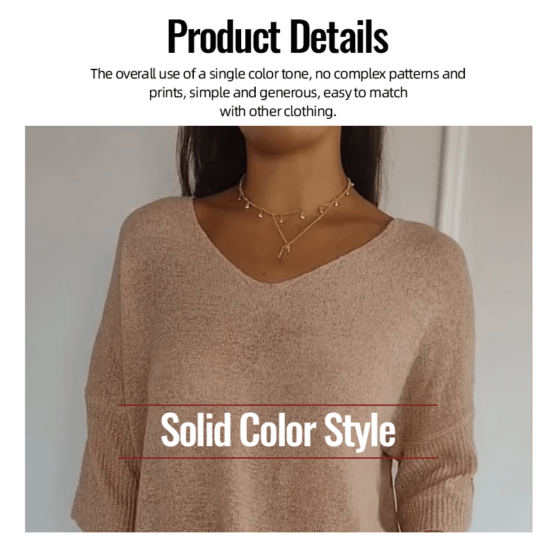 Chroma Chic™ Einfarbiges Stricktop mit V-Ausschnitt