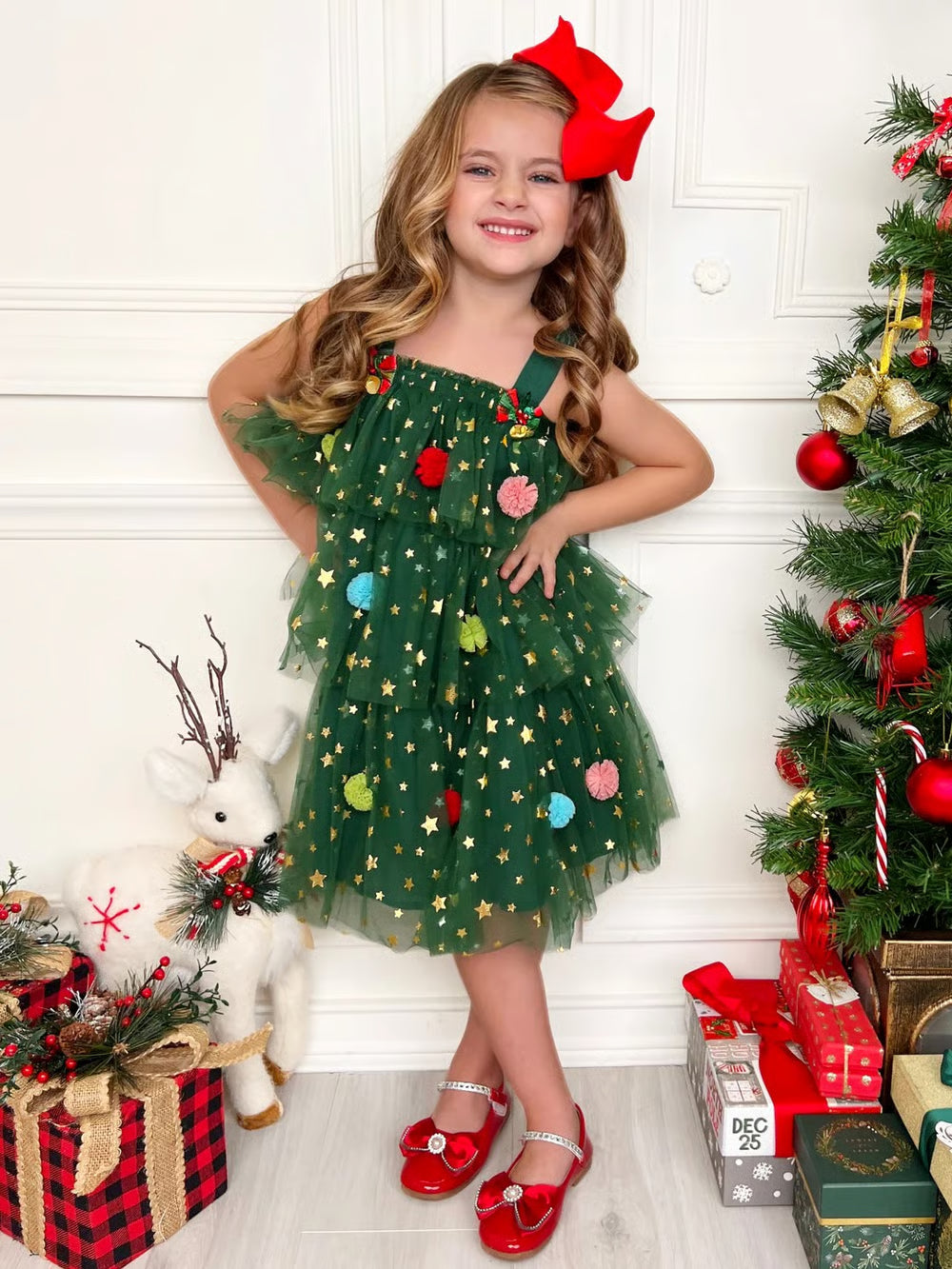 🎅 Early Christmas Sale 🎅🎄 Christmas Starry Tulle Dress in Dreamy Green – With Bonus Red Hair Clip