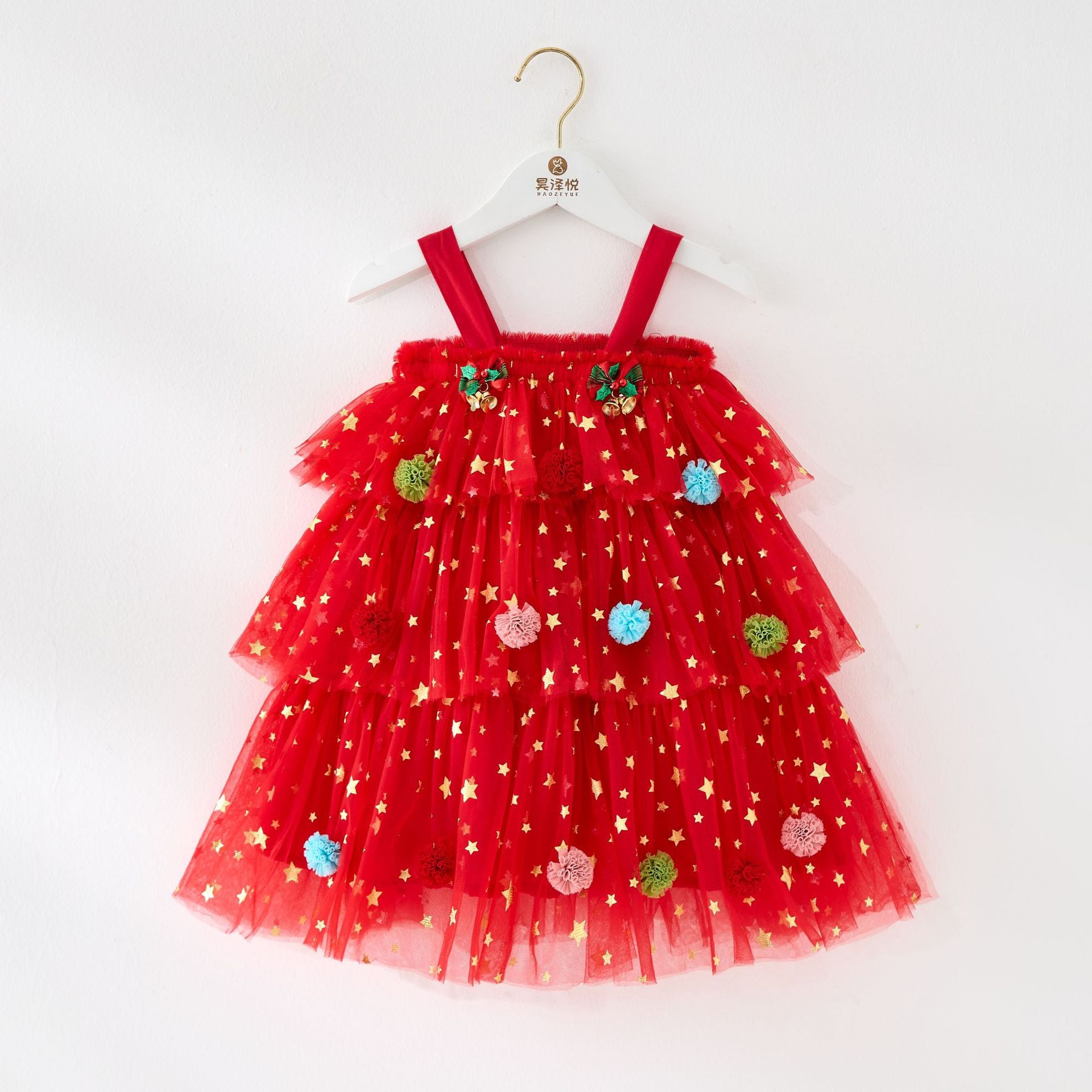 🎅 Early Christmas Sale 🎅🎄 Christmas Starry Tulle Dress in Dreamy Green – With Bonus Red Hair Clip