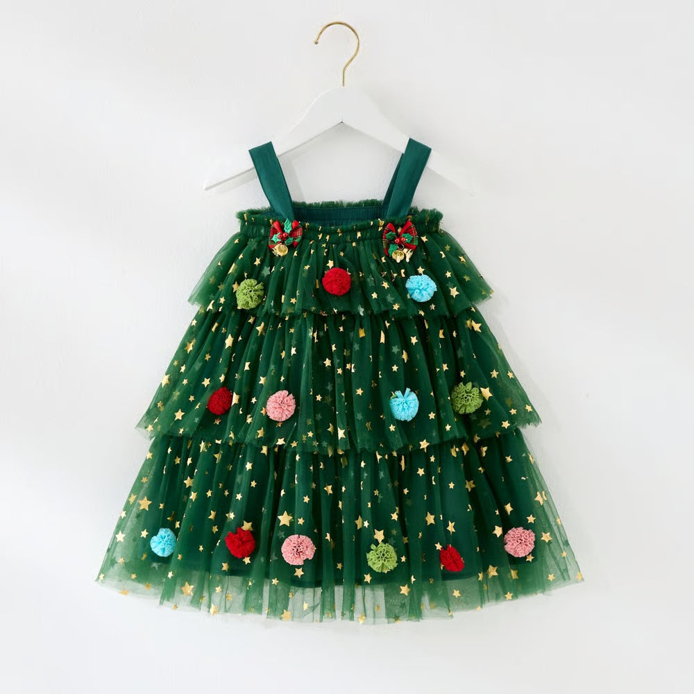 🎅 Early Christmas Sale 🎅🎄 Christmas Starry Tulle Dress in Dreamy Green – With Bonus Red Hair Clip