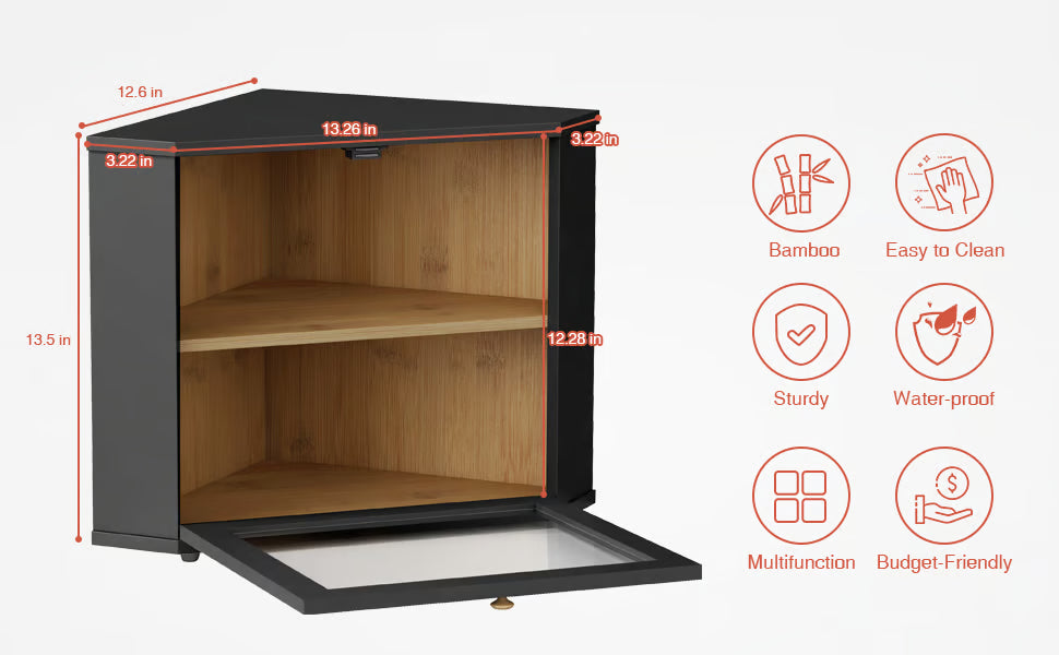 Corner Bread Box for Kitchen Countertop, Black Bread Storage Container for Homemade Bread, Two Layer Breadbox under Cabinet Mount, Large Bread Holder for Kitchen Counter, Panry Shelf